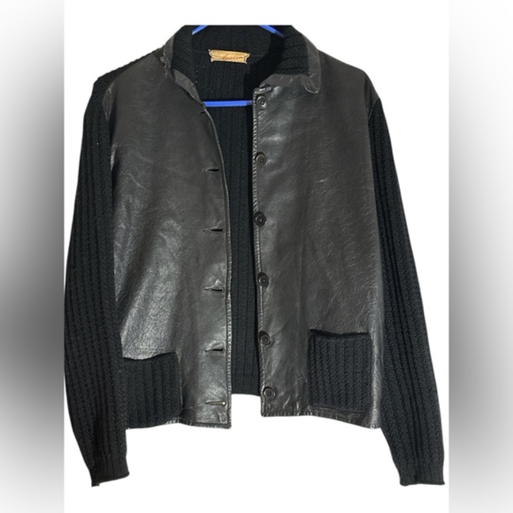 Vintage Streetwear Moto leather & Wool Jacket
 Sz M/L knit wool sleeves & back.